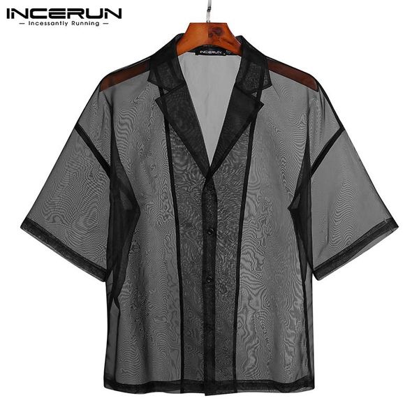 

fashion mesh short sleeve shirts men solid color turn down collar blusa man see through button camisa masculina 5xl men's casual, White;black