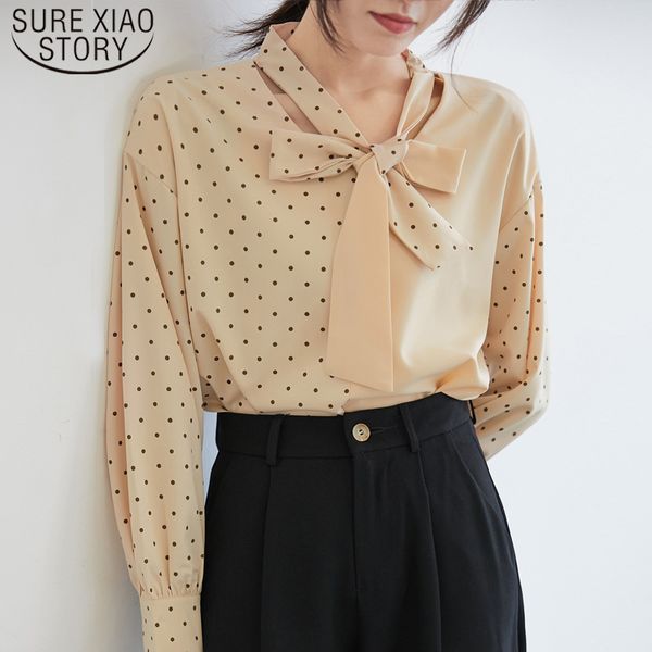 

autumn elegant contrast color stitching shirt v-neck wave point print long sleeve hong kong style women bow tie blouses 6281 50 210510, White