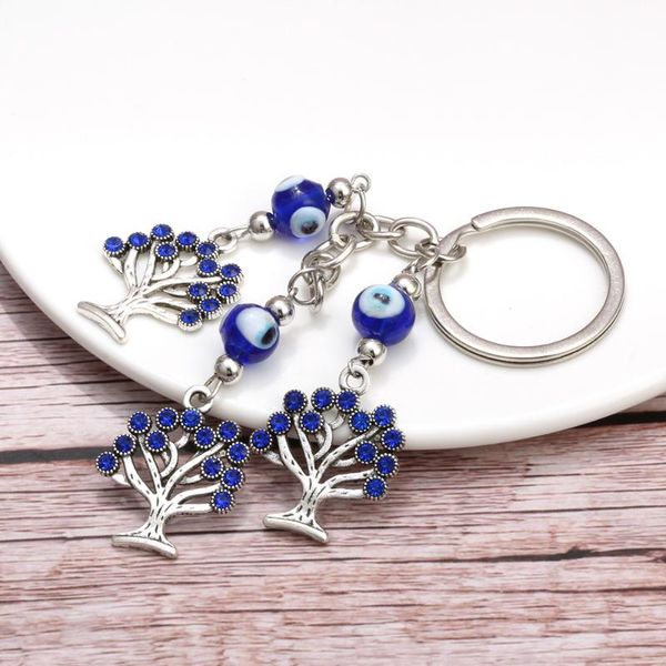 

keychains turkish blue eye wishing tree key chains ring holder keychain amulet lucky charm hanging pendant blessing gift, Silver