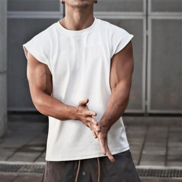 

men' tank men broad shoulder vest casual loose mens crop workout exercise clothing sleeveless shirt, White;black