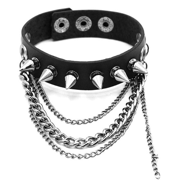 

link, chain single row punk bracelet cuspidal spike adjustable faux leather rivet goth women men jewelry, Black