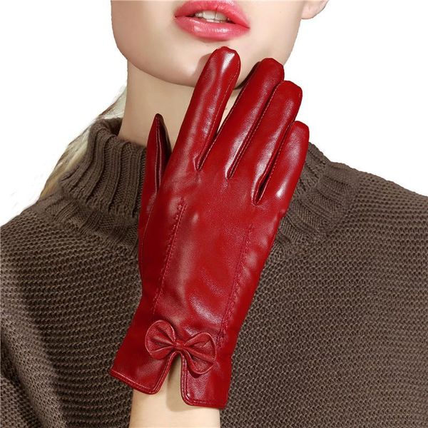 

five fingers gloves leather mittens touch-screen cute bow hand winter velvet driving wholesale, Blue;gray