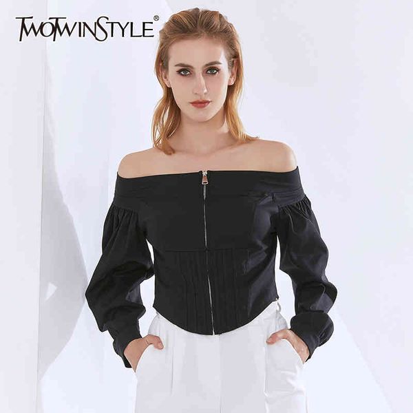 

twotwinstyle patchwork zipper shirt for women slash neck long sleeve tunic minimalist blouse female fashion clothing 210517, White