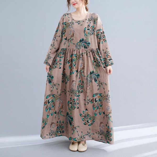 

casual dresses cotton floral print vintage o-neck autumn women loose long vestidos office lady dress elegant femme clothes 2021, Black;gray