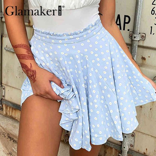 

glamaker floral printed a-line skirts women fashion party ruffles short skirts blue summer loose casual bottom new 210414, Black