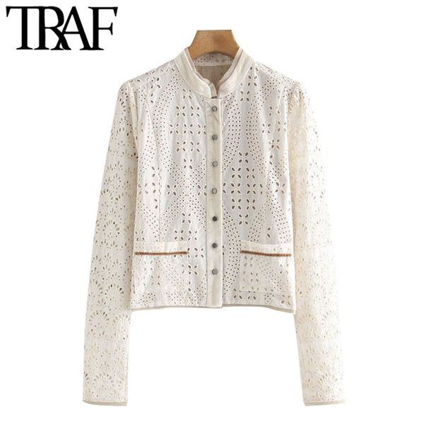 

traf women fashion cutwork embroidery patchwork velvet jacket coat long sleeve pockets female outerwear chic 210415, Black;brown