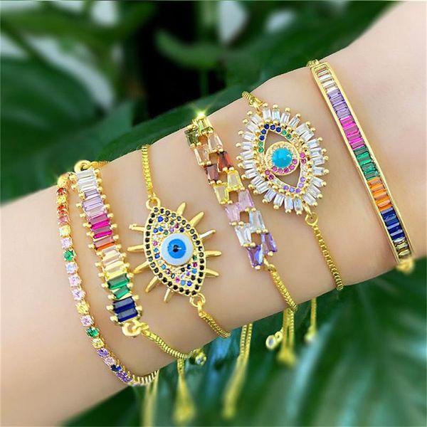 

charm bracelets bohemian pull cz rainbow turkish blue eye bracelet for girl color crystal bangle jewelry accessories, Golden;silver