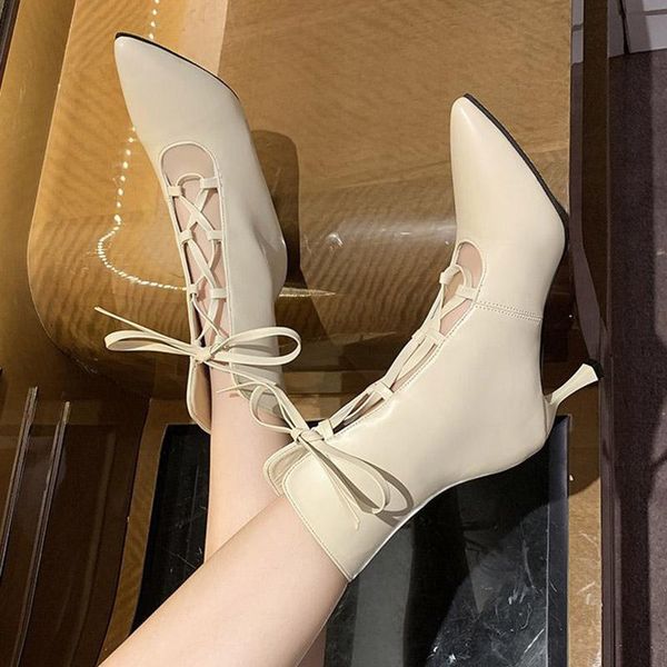 

boots heels shoes woman cross-tied gladiator pointed toe pumps high ankle boot hollow outs booties botas mujer 8689g, Black