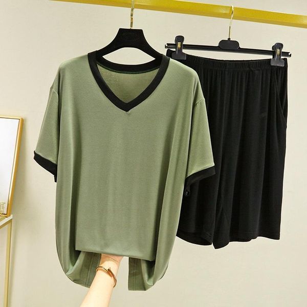 

men's sleepwear korean version of the summer modal v-neck pajamas suit short-sleeved shorts plus size loose casual outer wear home ser, Black;brown
