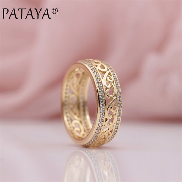 PATAYA Ankünfte 585 Roségold zweireihig Mikrowachs-Inlay natürlicher Zirkon Hohlring Hochzeit Party trendiger feiner Schmuck 211217