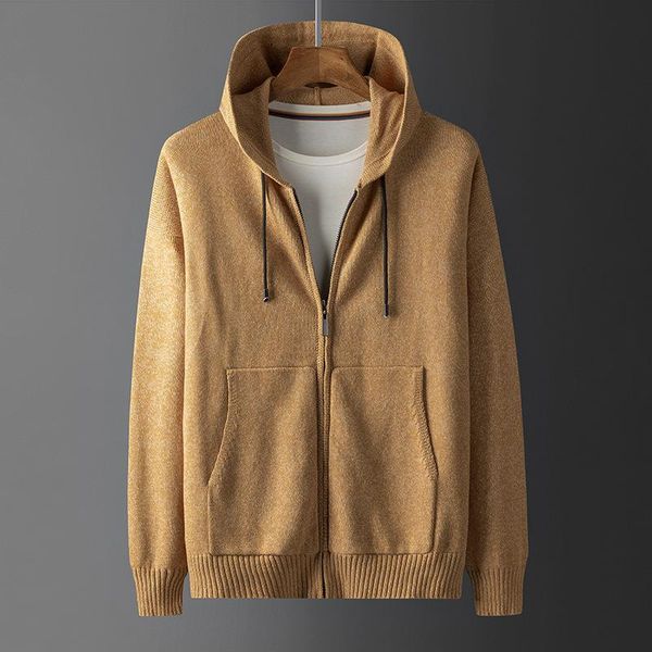 

men's jackets autumn lightweight jersey jacket men full-zip camel knitwear hooded cardigan coat solid color with ribbing edge blouson h, Black;brown