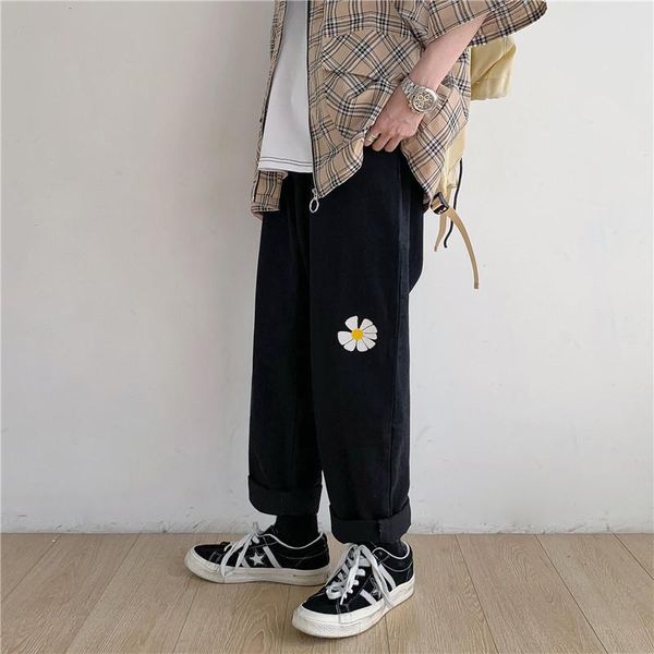 

s-3xl blue black spring retro straight wide-leg denim trousers chrysanthemum print men's loose wild tide brand old pants