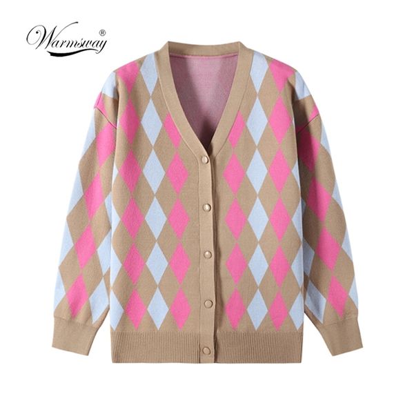 

vintage geometric rhombic cardigan sweater women autumn warm long sleeve loose outerwear elegant v-neck chic knit c-023 211214, White;black