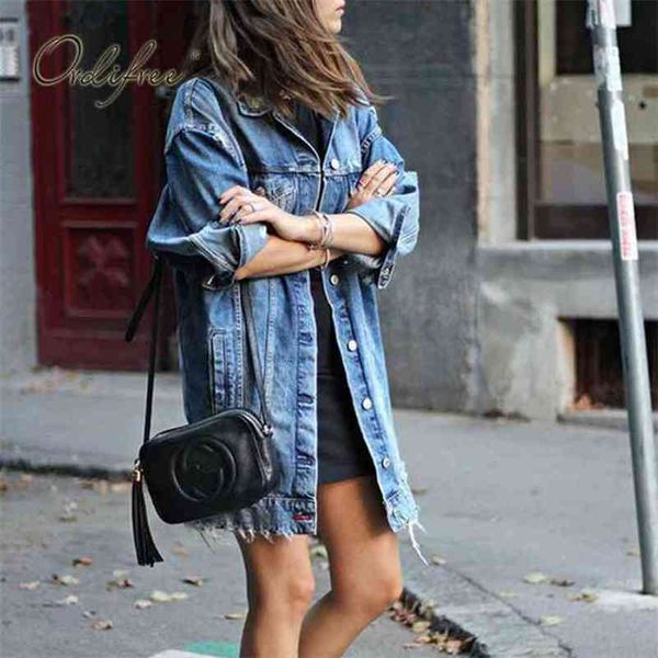 

autumn women denim jacket coats casual outwear ripped loose jeans 210513, Black