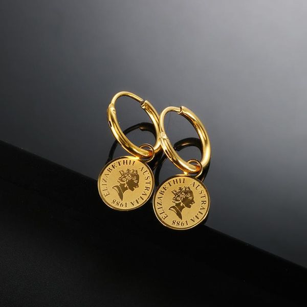 

hoop & huggie zmfashion round portrait elizabeth coin earrings for women simple vintage gold plated stainless steel personality ear jewelry, Golden;silver