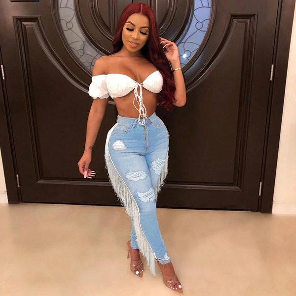 

women's pants & capris ahvit slim fit ripped jeans tassel panelled comfy stretch skinny hight waist casual long pencil me-q311, Black;white