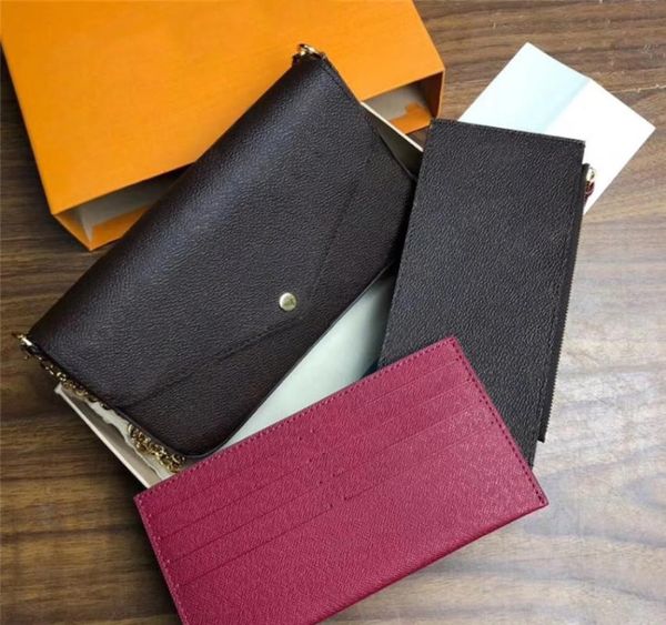 

fashion women bag three piece wallet genuine leather clutch handbag with dust and box wallets, Red;black
