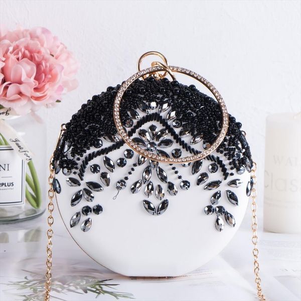 

women party wedding beading round evening bag vintage diamond crystal flower black white day clutches with gold chain