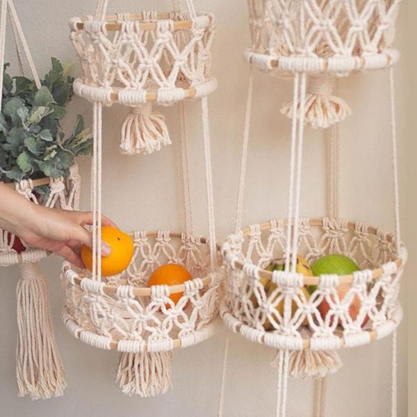 

storage baskets hand-woven cotton rope hanging basket kitchen fruit decorative for gardening plants