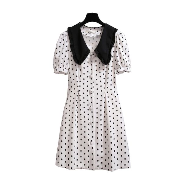 

turn down collar button short sleeve mini dress white polka dot black summer women female puff d1808 210514, Black;gray