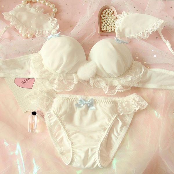 

bras sets theme fur ball cute japanese bra & panties set white underwise push up soft underwear intimates kawaii lolita, Red;black