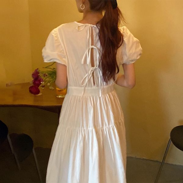 

casual dresses summer round neck back hollow lace pleated waist puff sleeve dress phtb, Black;gray