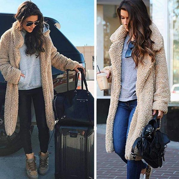 

women's wool & blends autumn winter jacket female coat solid color fleece casual outerwear warm soft cardigan fur clothes, Black