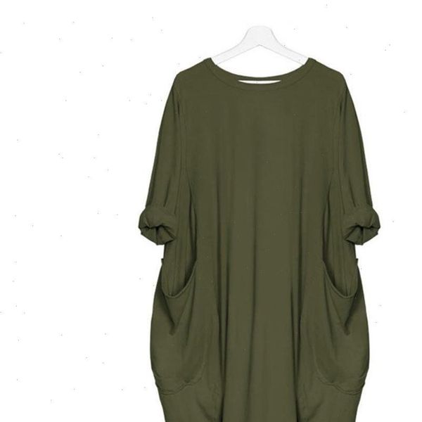 

womens dresses women casual solid color o neck long sleeve pockets knee length baggy dress vestido de mujer, Black;gray