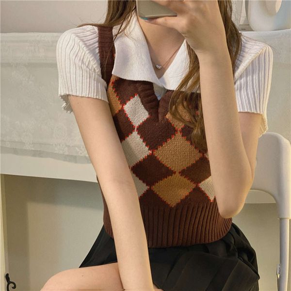 

women's sweaters sweater amy way age reducing college style brown bm american plaid t-shirt slim and versatile v-neck sleeveless vest b, White;black