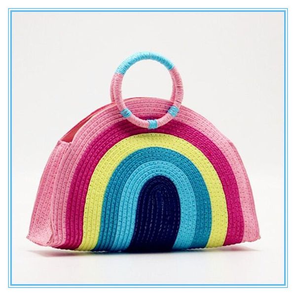 

hand made rainbow straw handbags women chic colorful tote girls woven beach totes fashion shopping shoulder bags smt212