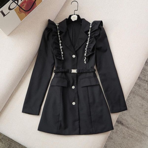 

casual dresses 2021 autumn french vintage long sleeve black mini dress women korean ol single-breasted suits robe femme vestidos, Black;gray