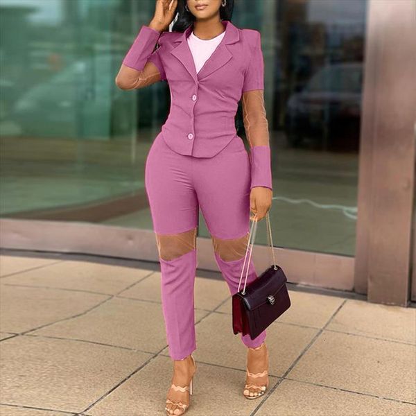 

two piece elegant ol work womens pants suits mesh insert blazer amp slim set, White