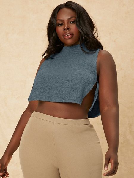 

sxy plus marled mock neck split knot side crop tank g1q6#, Black
