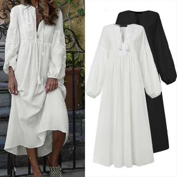

bohemian solid lace spring sundress womens dresses zanzea casual puff sleeve maxi vestidos female v neck robe plus size 7, Black;gray