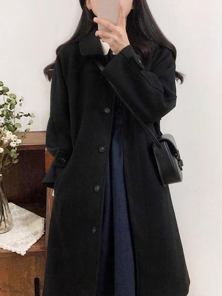 

women's wool & blends hepburn style woolen coat 2021 autumn winter korean fashion solid color all-match single-breasted straight outcoa, Black