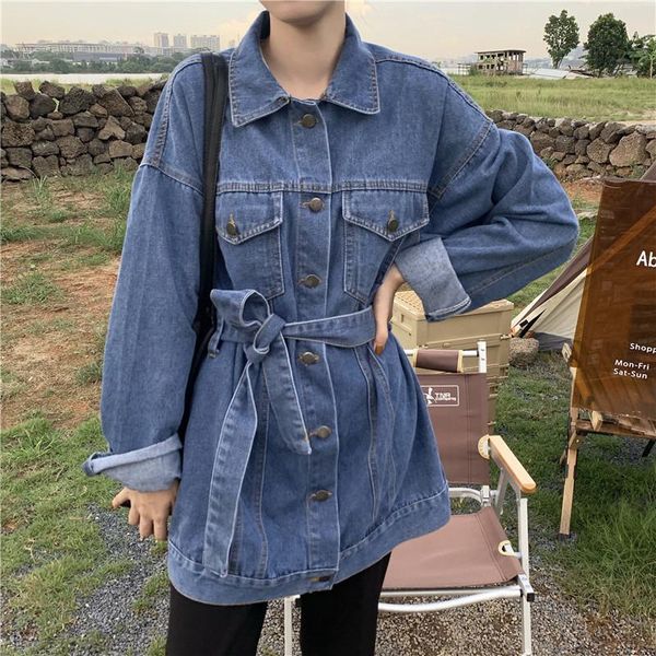 

women's blouses & shirts 2021 autumn women denim full sleeve bf jackets female loose casual fashion oversize sashes streetwear wb65, White