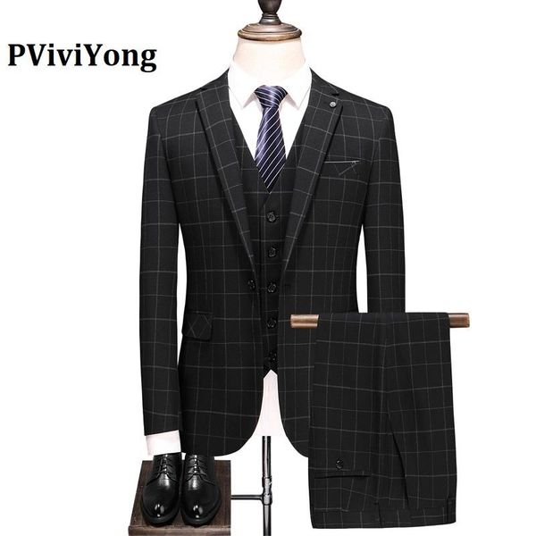 

pviviyong brand 2021 suit men groom wedding grid black business three-piece (jackets + vest pants) a803 men's suits & blazers, White;black