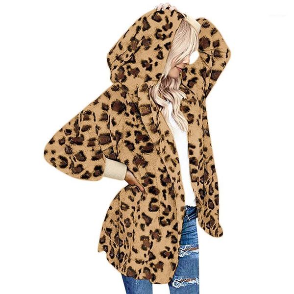 

women's fur & faux women winter jackets fashion leopard print casual fleece hooded cardigan coat 2021 streetwear loose zipper warm clot, Black