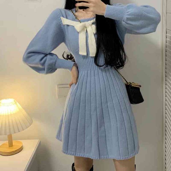 

qweek women's knitted drs, square neck warm clothing, retro style, elegance, long sv, korean fashion, winter, 2021, Black;gray