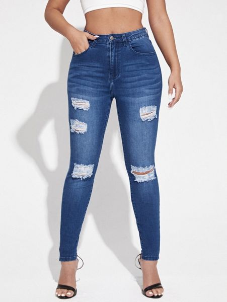 

high waist ripped frayed bleach wash skinny jeans o0ah#, Blue