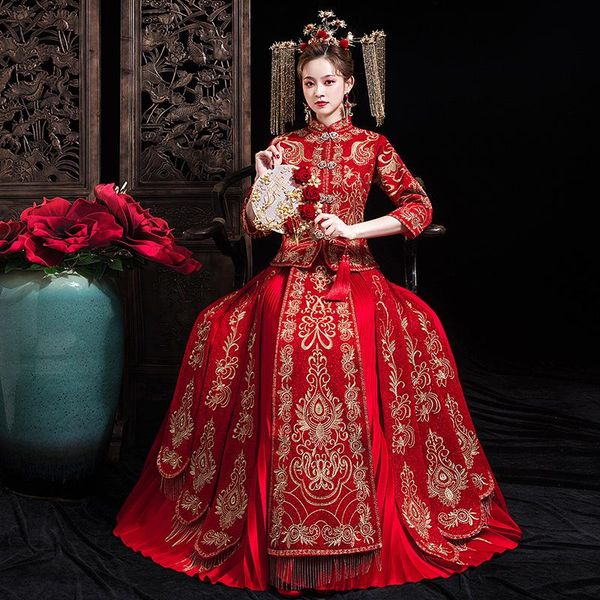 

chinese wedding phoenix toast clothing bride dress dragon and gown retro spring xiuhe ethnic, Red