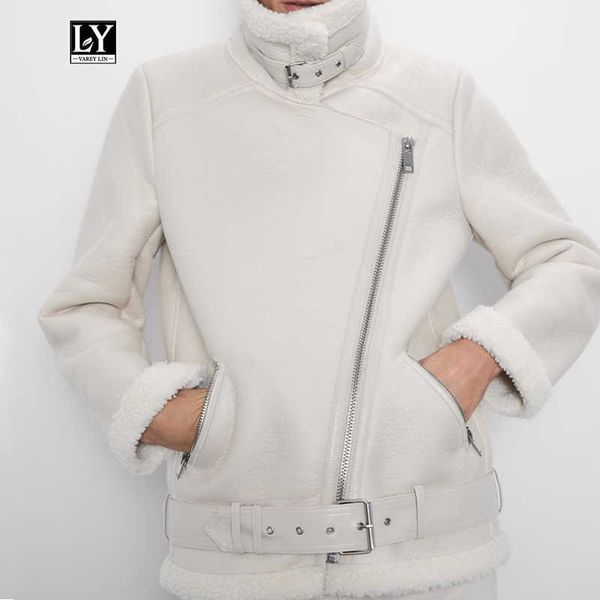 

ly varey lin women beige fur faux leather jacket coat turn down collar with belt thick warm lamb oversized outwear 210526, Black