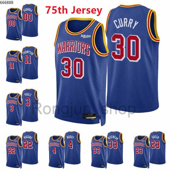 

2021-22 75th anniversary printed mens basketball stephen curry klay thompson jonathan kuminga moses moody poole wiggins blue jersey, Black
