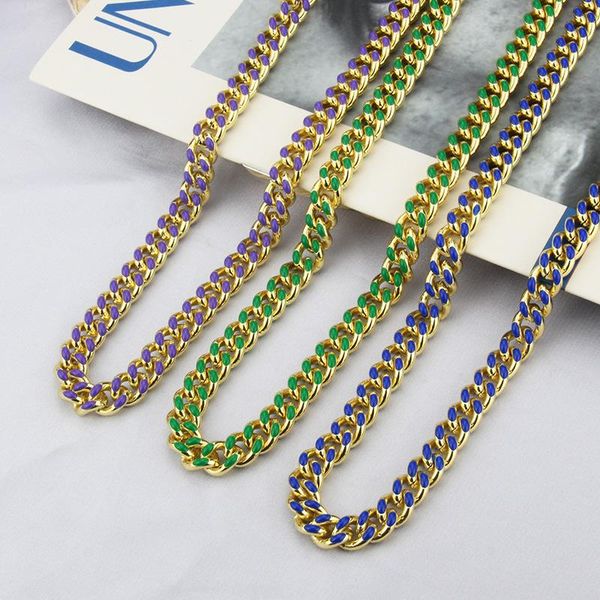 

chains colorful purple blue green enamel miami curb cuban chain choker necklaces 8mm women sweater gold color hip jewelry, Silver