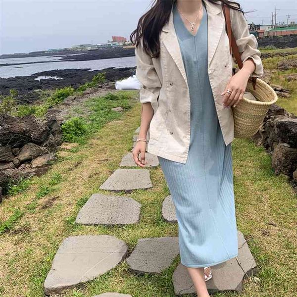 

loose short-sleeved long summer korean knitted t-shirt retro western style v-neck dress female casual skirt 210520, Black;gray