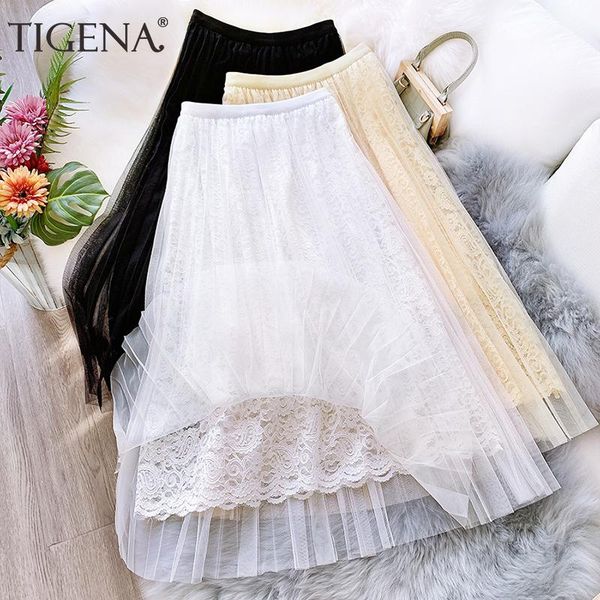 

skirts tigena hollow out lace tulle long skirt women fashion 2021 spring summer korean cute a line high waist pleated female lady, Black