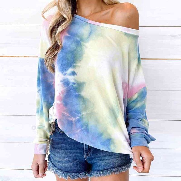 

women's 2021 autumn loose tie dye contrast round neck t-shirt, Black