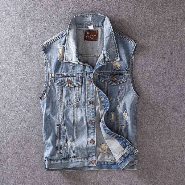 

vests fashion streetwear blue color destroyed ripped denim sleeveless jackets casual outwear british style hip hop vest men, Black;white