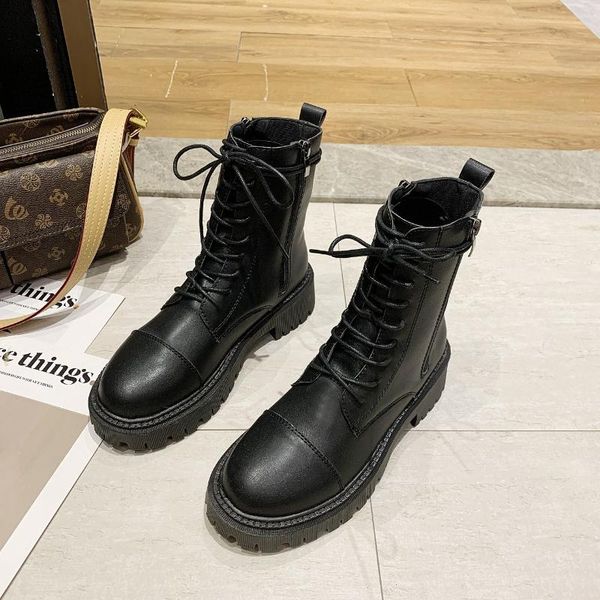 

boots women ankle 2021 winter fashion flat warm snow shoes ladies low heel motorcycle boot black lace up leather shoe