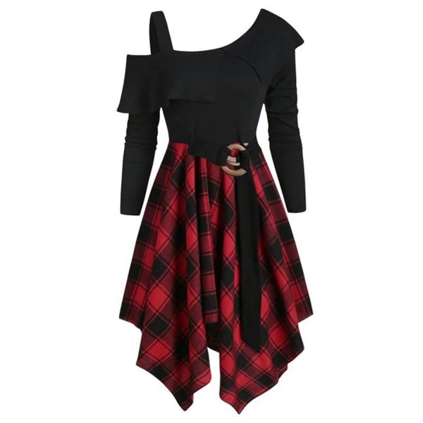 

irregular long sleeve patchwork plaid women's hem slim dress with oblique shoulder, White;black
